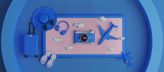 Camera with traveling suitcase and travel accessories on blue background. wanderlust and travel concept. flat lay. 3d rendering.	