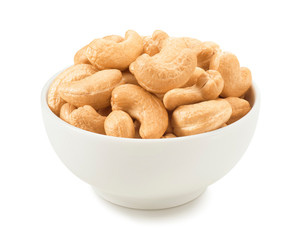 Small bowl of cashew nuts isolated on white background. Package design element with clipping path