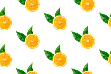 Fototapeta na wymiar Seamless pattern from ripe juicy slices of orange with green leaves on white background. Tropical summer citrus fruits concept. Template for wallpaper textile print product surface design
