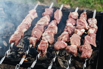 Marinated raw pork kebab skewered on a spit. Start cooking on coals in the grill