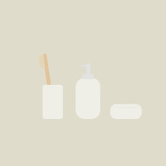Bathroom accessories. a glass with a toothbrush, liquid soap, a jar of cream. Minimalist style. Natural, eco stuff