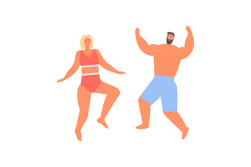 Fototapeta na wymiar Man and woman in swimsuits jumping with happiness. Cartoon vector illustration