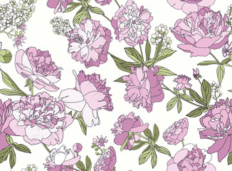 Seamless floral pattern - a bouquet of peonies.