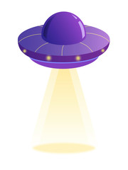 Purple space ship  UFO, yellow ray of light on a white background. Vector isolated illustration in cartoon style. World UFO day.