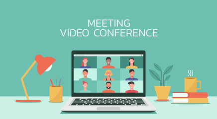 people connecting together, learning or meeting online with teleconference, video conference remote working on laptop computer, work from home, new normal concept, vector flat illustration