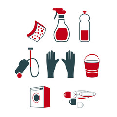 A set of vector illustrations, icons with objects, tools and accessories for cleaning the house and premises, disinfection. As well as home-made dishes.