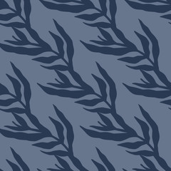 Abstract jungle plants silhouette leaves seamless pattern in blue colors. Geometric tropical leaf wallpaper.