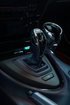Automatic car transmission. Interior detail. Vertical photo.