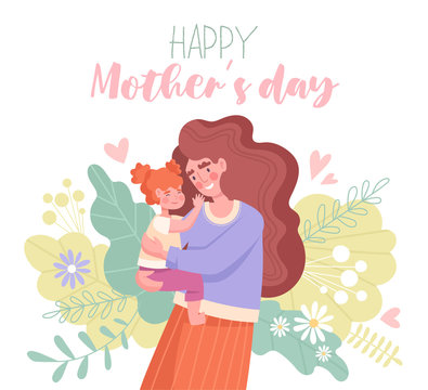 Mothers Day card design with mother holding her baby who is tenderly touching her face, colored vector illustration