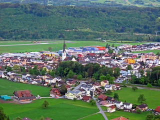 The settlement of Alpnach Dorf in the valley of Lake Alpnachersee and below the Pilatus mountain...