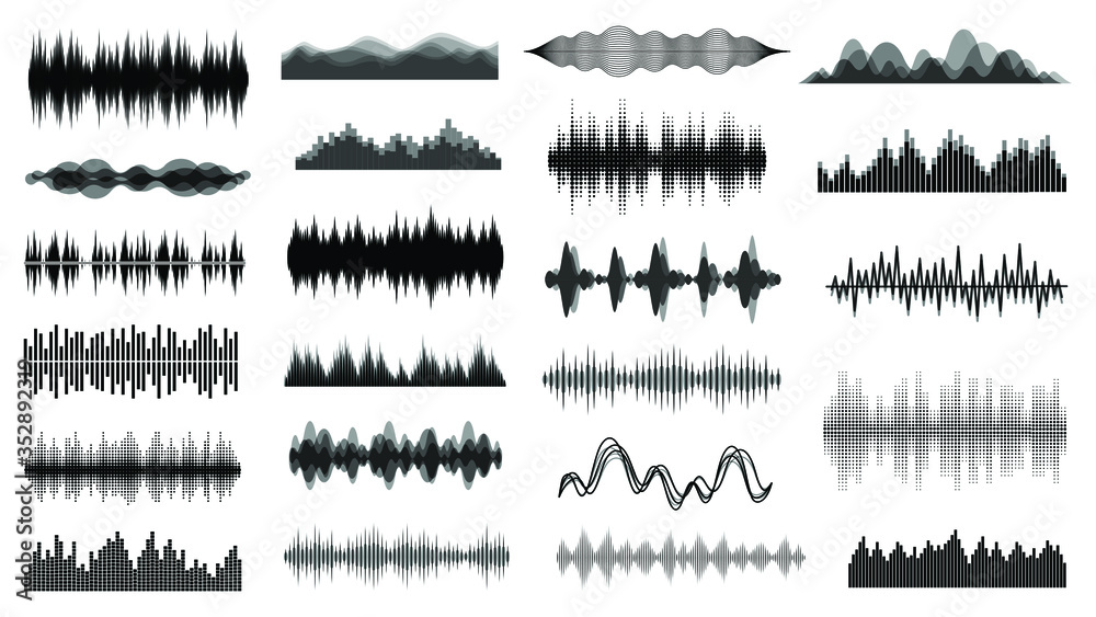 Poster Audio waves. Voice sound music shapes vector abstract collection. Vector sound waves set. Audio player, equalizer