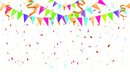 Colorful Party Flags, Confetti, stars and ribbons. Holiday Festival Design for Greeting Card, Invitation or Poster. Celebration & Party. Festa Junina Brazil. Stock vector Illustration on isolated bg. 