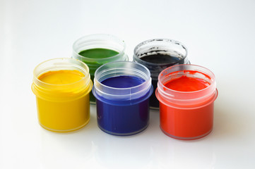 paint in jars. gouache. bright color. material for artists, drawing.