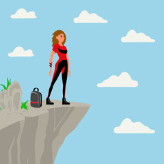 Courage young girl standing on the edge of the rock and looking into the distance. Flat vector illustration