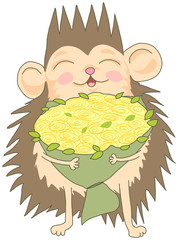illustration of a cute hedgehog with a bouquet of flowers