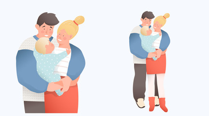 Young couple parents hugging holding a newborn baby. Family concept, mother and father holding a baby. Vector flat cartoon design.