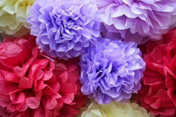 Paper POM-poms. Paper flowers, peonies. a gentle background for the design.