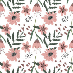 Simple pink, brown geometric shapes, stripes, flowers, leaves, spots, strokes. Hand illustration. Scandinavian style, design for wallpaper, fabric, textile.
