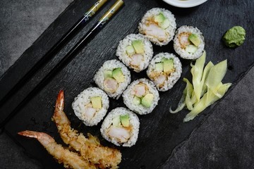 Homemade Shrimp tempura Sushi Roll ,pickled ginger,wasabi and soy sauce