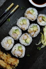 Homemade Shrimp tempura Sushi Roll ,pickled ginger,wasabi and soy sauce