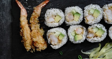 Homemade Shrimp tempura Sushi Roll ,pickled ginger,wasabi and soy sauce