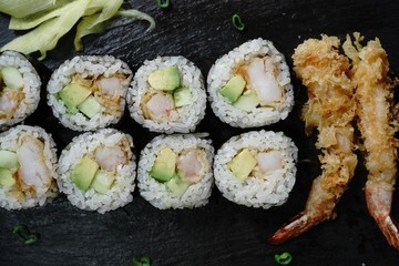 Homemade Shrimp tempura Sushi Roll ,pickled ginger,wasabi and soy sauce