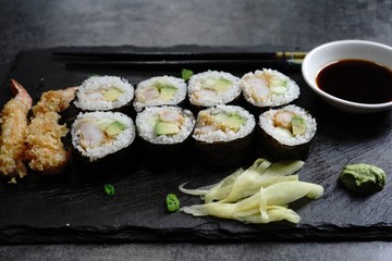 Homemade Shrimp tempura Sushi Roll ,pickled ginger,wasabi and soy sauce