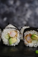 Homemade shrimp tempura sushi roll, selective focus