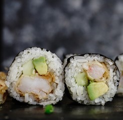 Homemade shrimp tempura sushi roll, selective focus