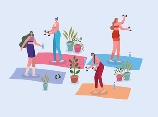 Women doing sport on mats with plants inside pots vector design