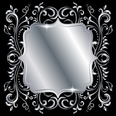 Silver shiny glowing ornate frame isolated over black