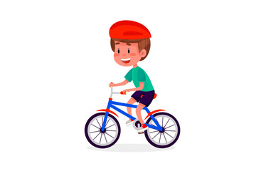 Fototapeta premium Vector boy riding bike. Summer children outdoor activities. Kid riding bicycle on summer outside. Children character illustration on white isolated background.