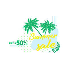 Fototapeta na wymiar Palm leaf. Summer sale up to 50 per cent off. Web banner or poster for e-commerce, on-line cosmetics shop