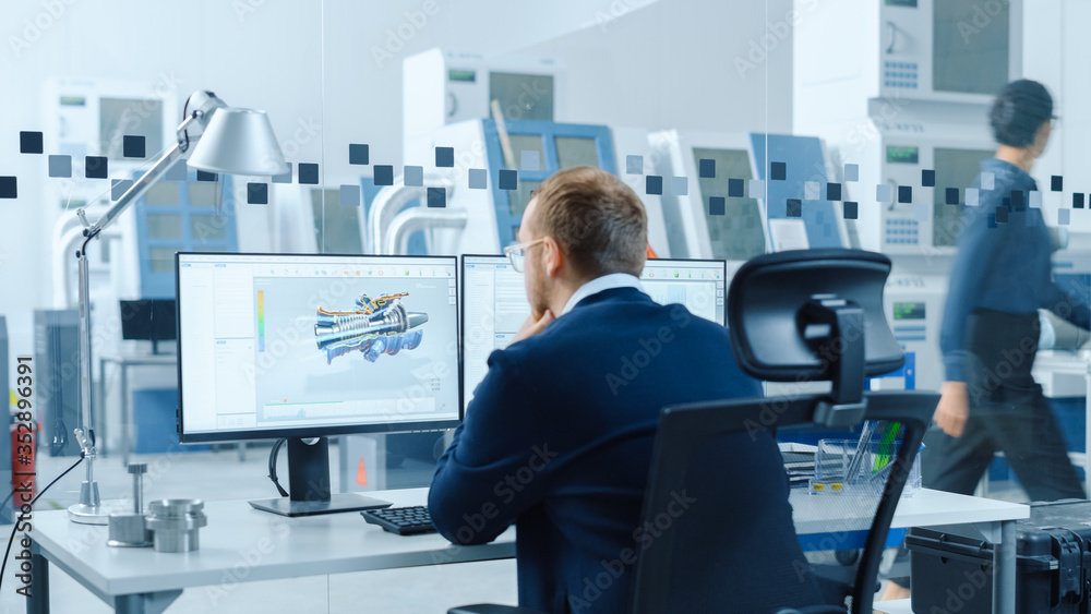 Poster Industrial Engineer Solving Problems, Working on a Personal Computer, Two Monitor Screens Show CAD Software with 3D Prototype of Hybrid Electric Engine Being Tested. Working Modern Factory.