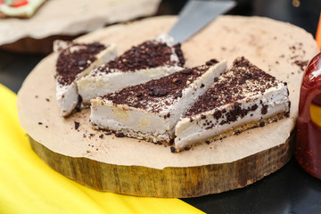 Raw Healthy Paleo Avocado Lemon Cake with Banana and Raspberries, Top View