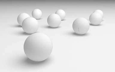 White abstract background. Set of white balls isolated on white backdrop. 3D illustration