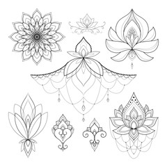Set of eight ethnic ornaments and mandalas for Henna drawing and tattoo template. Ethnic tattoo sketch. Vector illustration