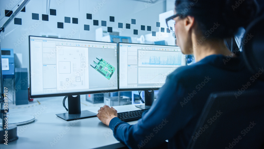 Poster Modern Electronics Factory: Female Electrical Engineer Works on Computer with CAD Software. Developing PCB, Microchips, Semiconductors and Telecommunications Equipment