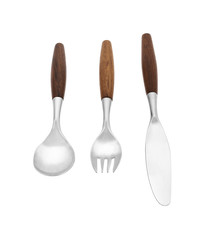 Stainless steel cookware, knife, fork and spoon with wooden handle
