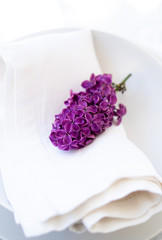 Springtime table setting with lilac branch on white linen napkin