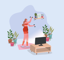 Woman doing sport on mat in front of computer at home vector design
