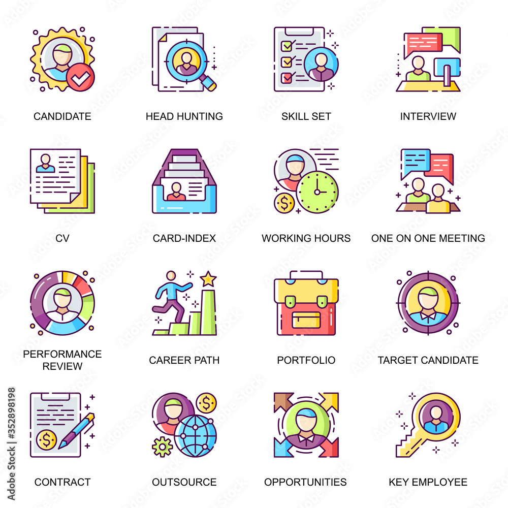 Aufkleber Head Hunting flat icons set. Candidate interview, career path, performance review, portfolio and skills, target candidate line pictograms for mobile app. Human resource management vector icon pack.