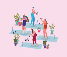 Obraz na płótnie Canvas Women doing sport on mats with plants inside pots vector design