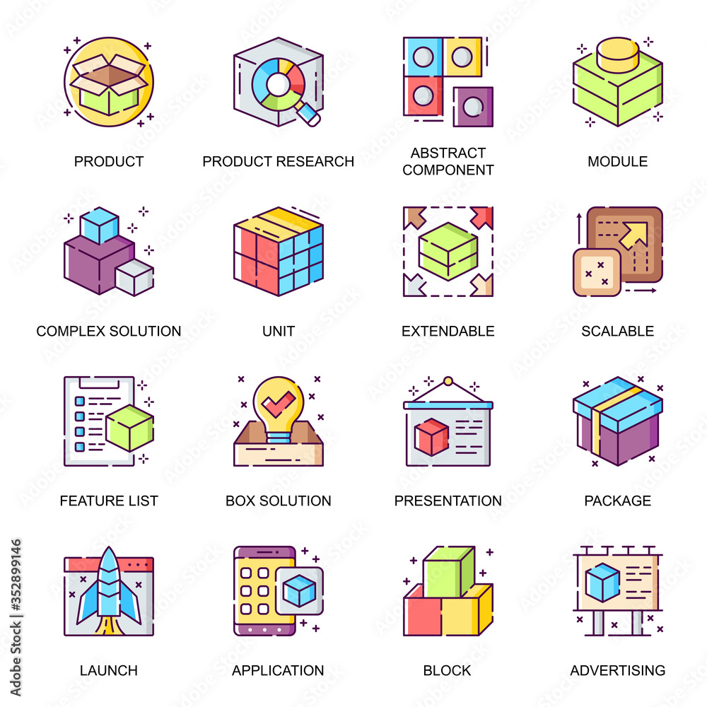Fototapete abstract product flat icons set. product research, component and module, extensible and scalable sys