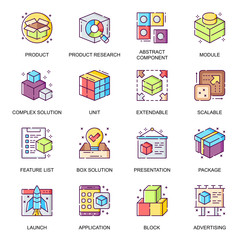 Abstract product flat icons set. Product research, component and module, extensible and scalable system, advertising and presentation line pictograms for mobile app. Complex solution vector icon pack.