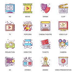 Cinema entertainment flat icons set. Video presentation, 3D and stereo movie, cinema theater, popcorn and tickets, HD movie and award line pictograms for mobile app. Video production vector icon pack.