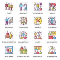 Business people flat icons set. Team collaboration, presentation and conference, work group subordination, opportunities and agreements line pictogram for mobile app. Business meeting vector icon pack