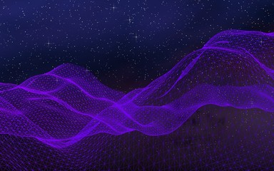 Abstract ultraviolet landscape on a dark background. Purple cyberspace grid. hi tech network. Outer space. Violet starry outer space texture. 3D illustration