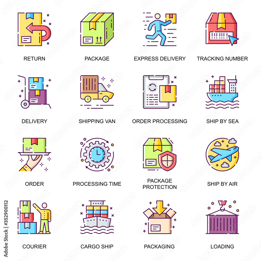Poster delivery service flat icons set. order and shipping, tracking number, processing time, return, packa