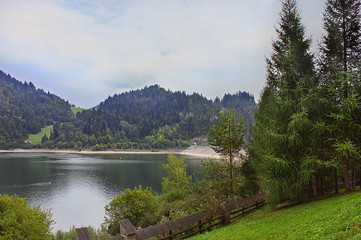 landscape with cloudy sky, lake and mountains with firs in the foreground